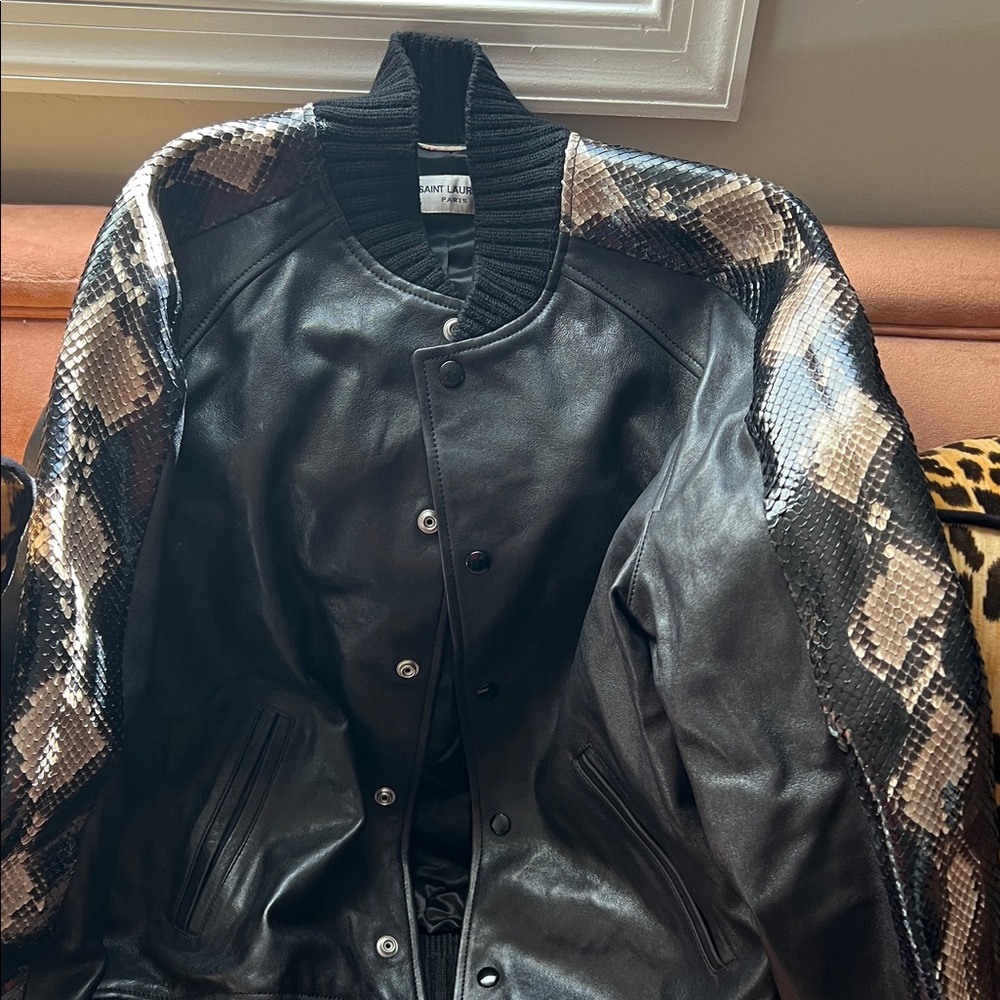 Saint Laurent Black Bomber Jacket with Snake Print Sleeves